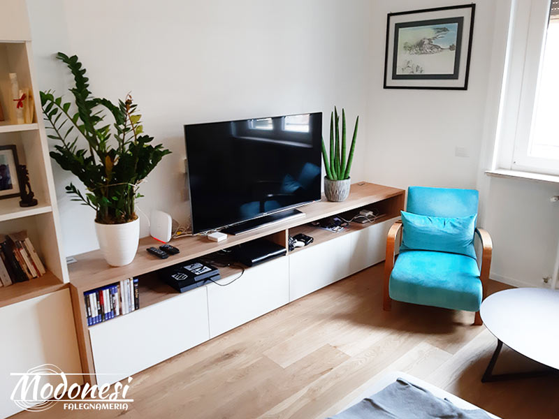 Una tv su un mobiletto in soggiorno con una pianta alla parete